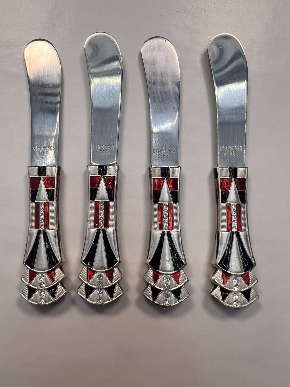 Art Deco Rhinestone Enamel Cheese Spreader Set 4 Charcuterie